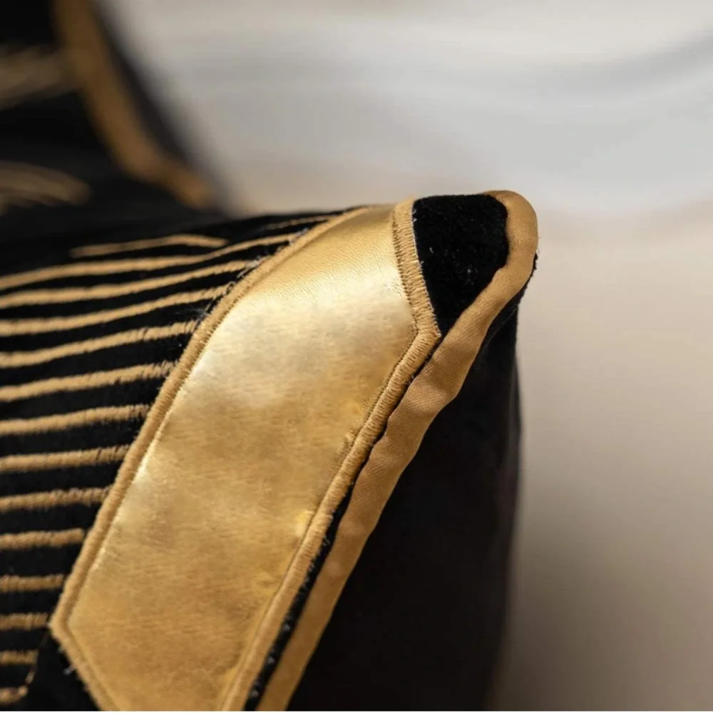 Luxury Home | Black & Gold Soft Velvet Faux Leather Geo Lumbar Pillow Cover